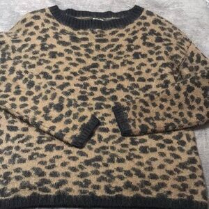 Leopard Print Fuzzy Pullover Sweater - Tan & Black